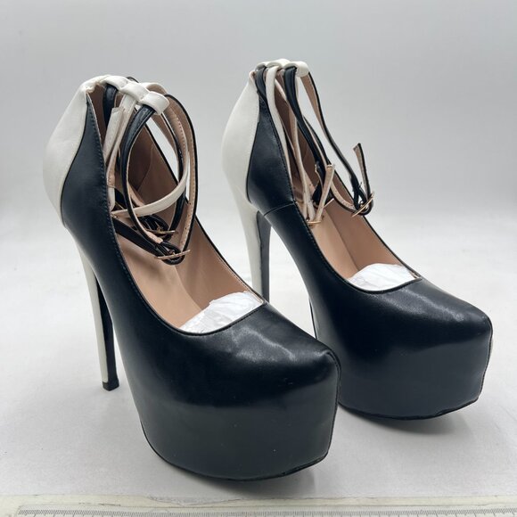 FSJ Black and White Platform Stiletto Heels Buckles Ankle Strap Pumps - Picture 4 of 8